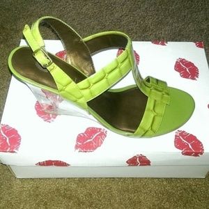 Two Lips Shoes Green Croc Embossed Wedge Sandals